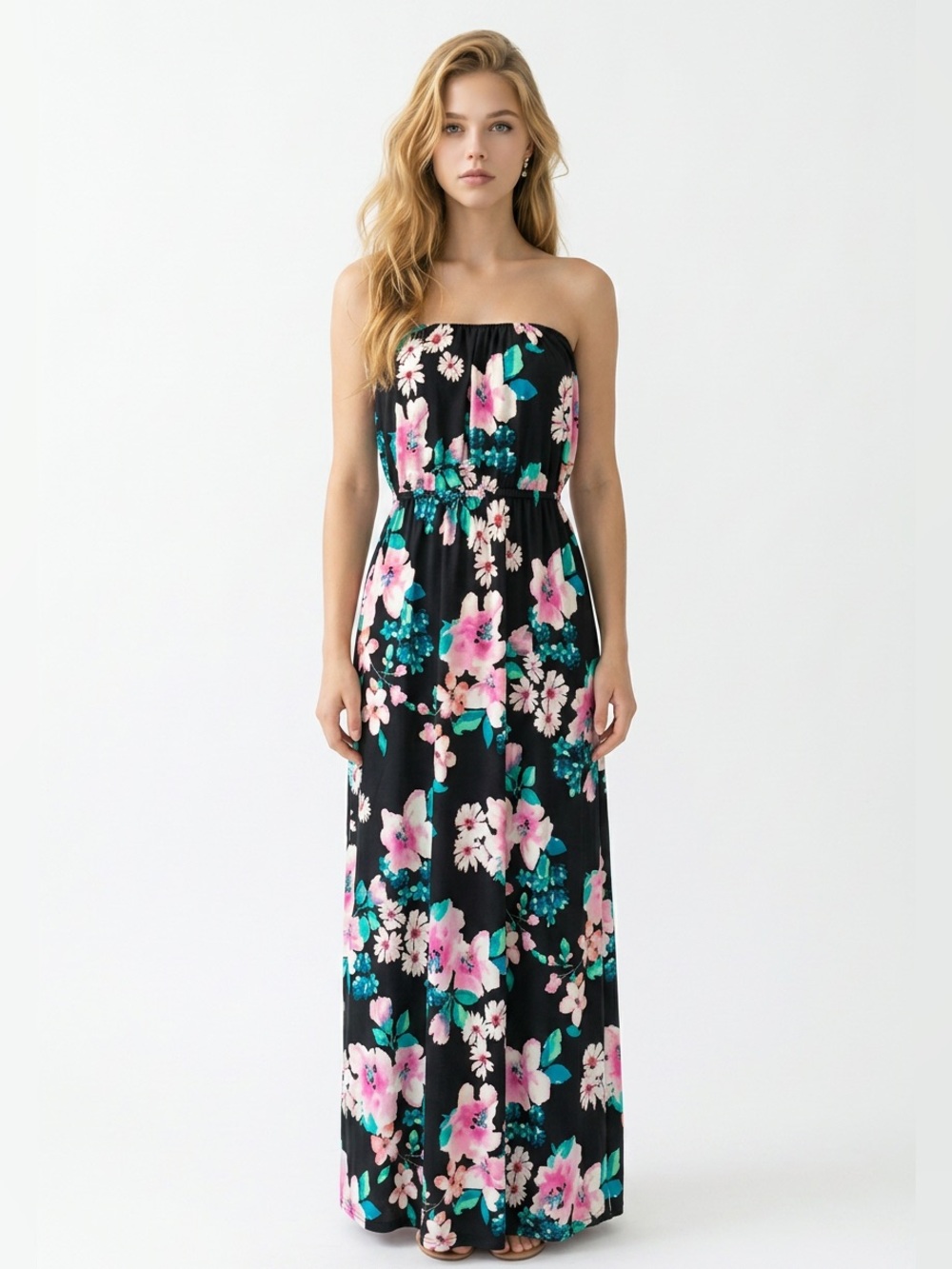 👗|•TRIXXI•| Floral Elastic Strapless Elastic Waist Maxi Dress Size Small